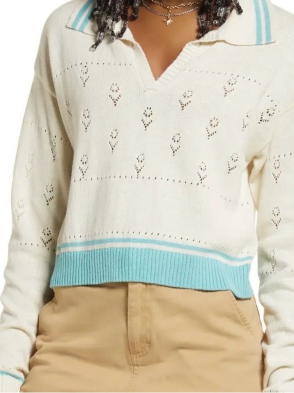 bp Cream Eyelet V-Neck Sweater with Aqua Trim